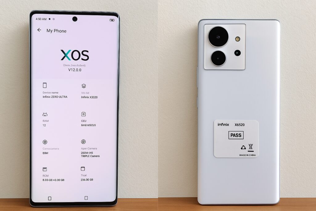 एक साफ़ और हाई-क्वालिटी इमेज जिसमें Infinix Zero Ultra स्मार्टफोन दो एंगल से दिखाया गया है — फ्रंट डिस्प्ले पर रंगीन ग्रेडिएंट वॉलपेपर और बैक पैनल पर सफेद पैटर्न डिज़ाइन के साथ डुअल कैमरा सेटअप नजर आ रहा है।