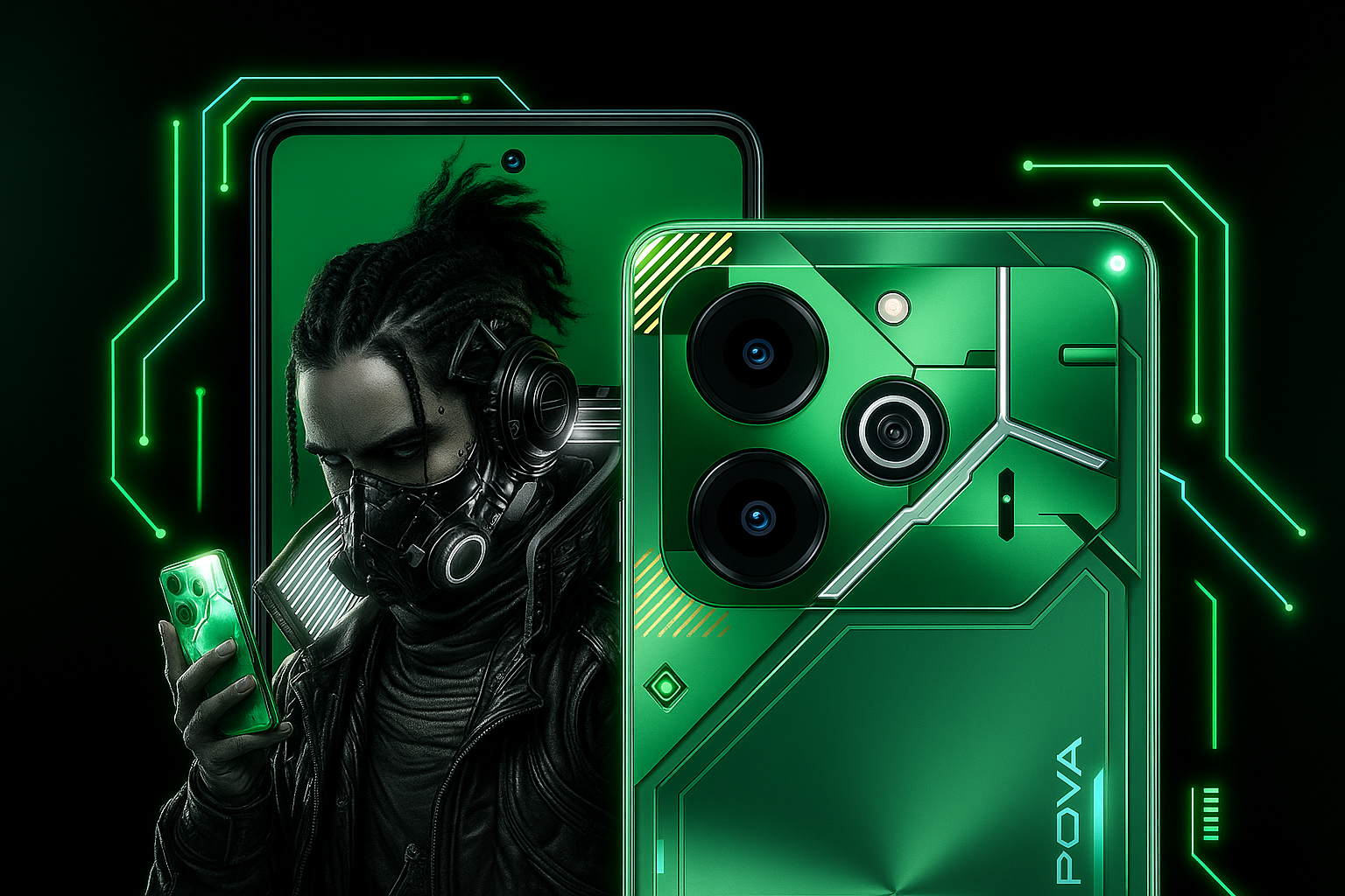 “Tecno Pova 7 5G – गेमिंग फ्रंट स्क्रीन और बैक फ्रेम में झलकती रंगीन लाइट्स वाला सुपरफोन।”