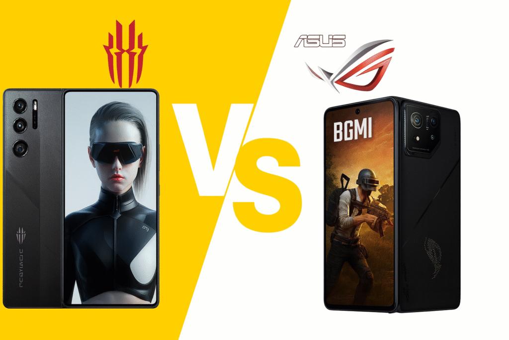 "RedMagic और ASUS ROG Phone 8 Pro का हाई-क्वालिटी तुलना चित्र, जिसमें दोनों गेमिंग फोन साइड-बाय-साइड दिखाए गए हैं। बाएँ तरफ RedMagic फोन और दाएँ तरफ ASUS ROG Phone 8 Pro अपनी डिस्प्ले और डिजाइन के साथ दिखाई देते हैं। बीच में VS लिखा है। | Best Gaming Phone | RedMagic vs ROG Phone 8 Pro | Gaming Smartphone Comparison"