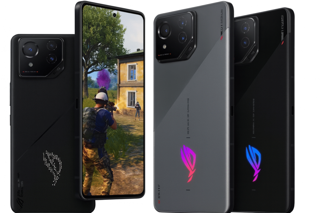 "ASUS ROG Phone 8 Pro की हाई-क्वालिटी इमेज जिसमें इसका गेमिंग डिस्प्ले, ट्रिपल कैमरा सेटअप और RGB लोगो लाइटिंग दिख रही है – हाई-परफॉर्मेंस गेमिंग स्मार्टफोन, BGMI के लिए बेस्ट फोन।"