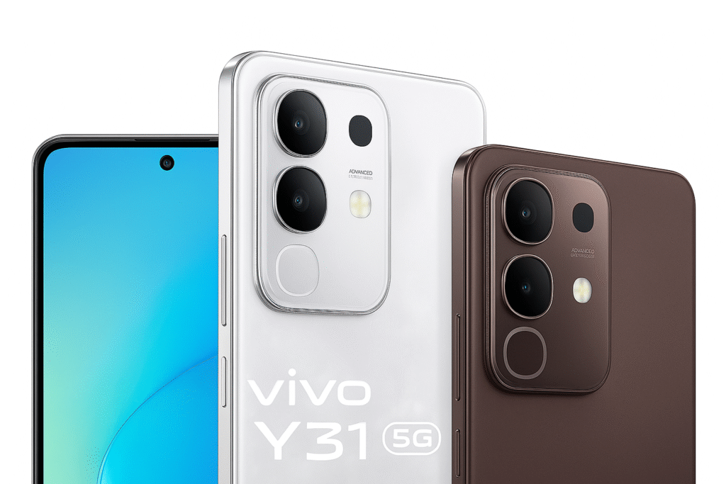 ALT Text (SEO Optimized with Vivo Y31 5G Keyword) "Vivo Y31 5G स्मार्टफोन की फ्रंट स्क्रीन और रियर कैमरा डिजाइन का क्लोज़-अप व्यू, जिसमें प्रीमियम मैट और ग्लॉसी फिनिश दिख रहा है।"