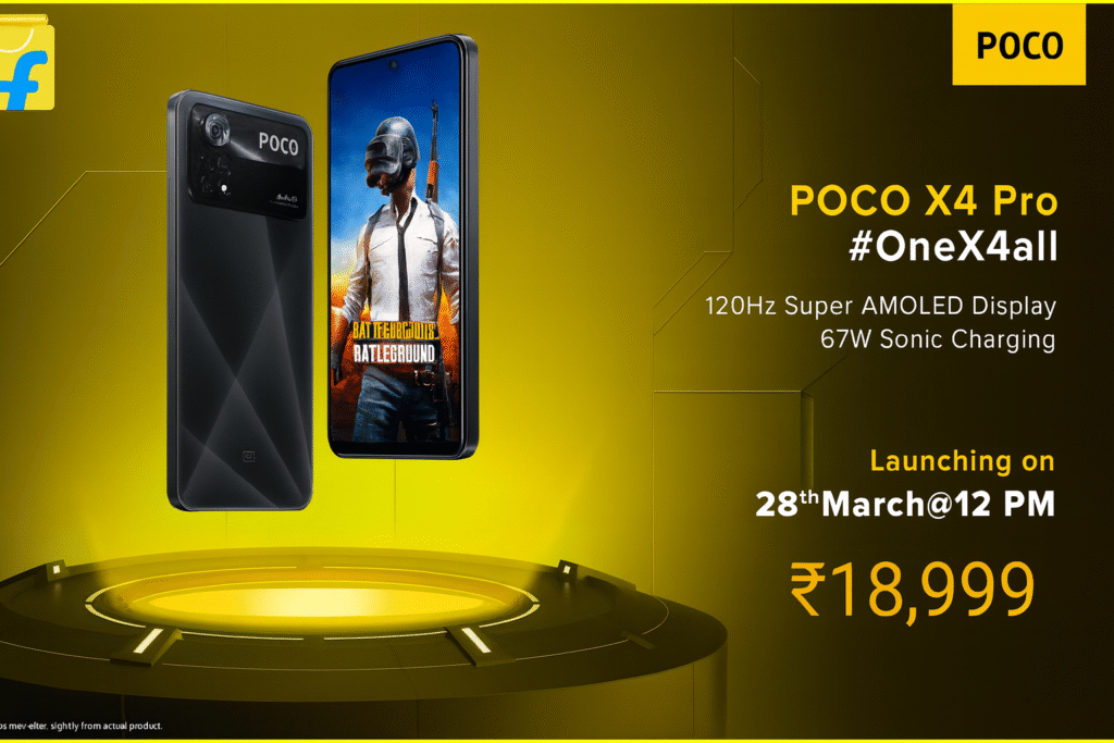 “POCO X4 Pro 5G promo poster featuring BGMI player character on the phone's front display, showcasing 120Hz AMOLED screen and 67W fast charging with launch price ₹18,999.”
