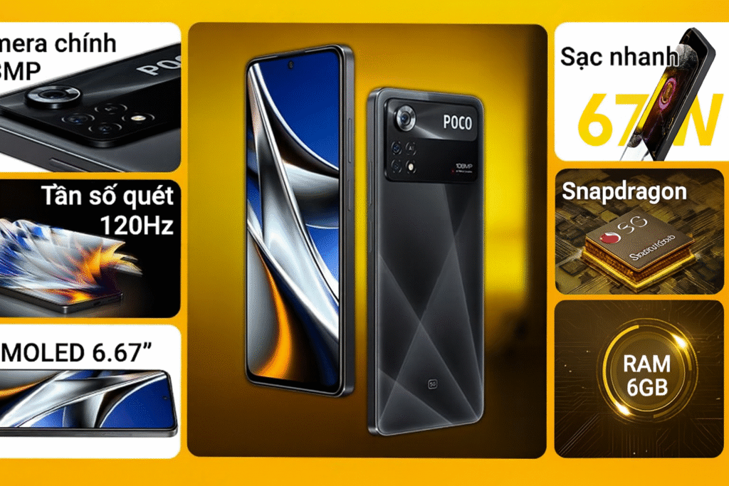 "POCO X4 Pro 5G smartphone promotional banner showing 108MP camera, 67W fast charging, 120Hz AMOLED 6.67-inch display, Snapdragon 695 5G processor and 6GB RAM in high-quality graphic."