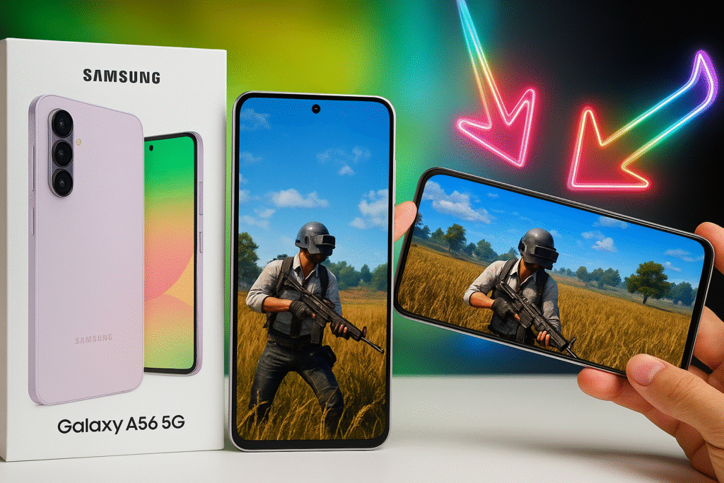 "Samsung Galaxy A56 5G फोन और इसकी बॉक्स पैकिंग दिखाई दे रही है, जिसमें फ्रंट स्क्रीन पर BGMI का हाई-क्वालिटी फाइट सीन चल रहा है।"