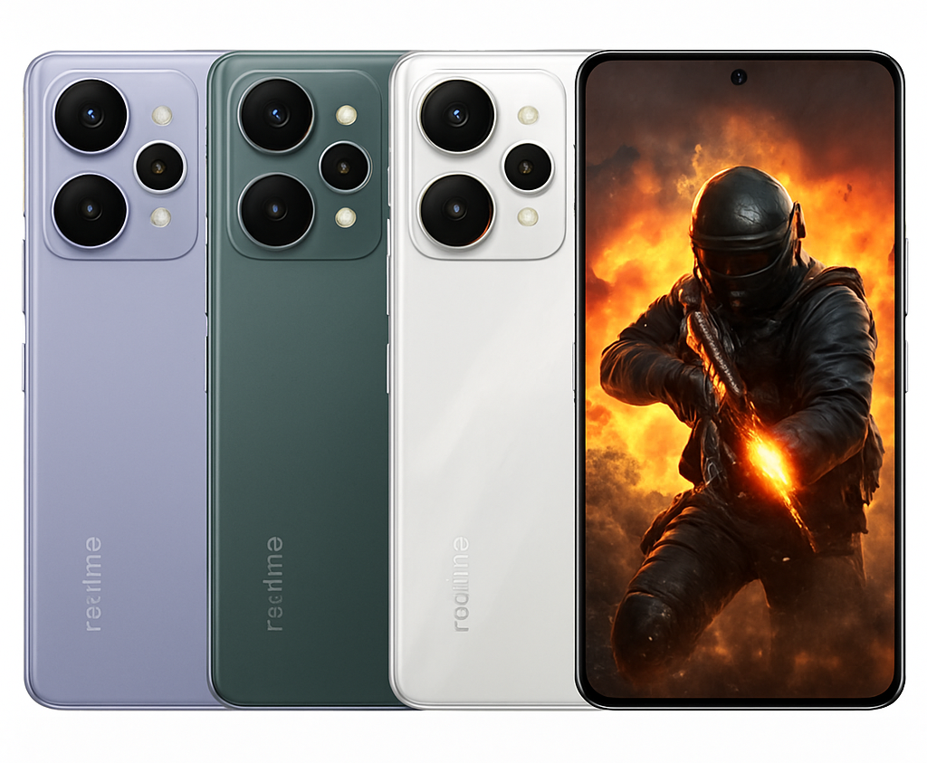Realme 15 Pro 5G mobile front screen with BGMI style soldier firing explosion wallpaper