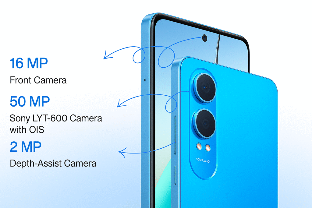 नीले रंग के OnePlus Nord CE4 lite 5G स्मार्टफोन की HD इमेज जिसमें फ्रंट कैमरा, 50MP Sony LYT-600 OIS कैमरा और 2MP डेप्थ-असिस्ट कैमरा को तीरों के साथ हाईलाइट किया गया है। फोन का फ्रंट और बैक दोनों डिज़ाइन साफ़ नजर आ रहा है।