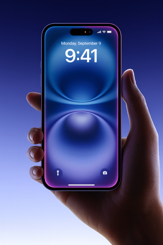 एक हाथ में पकड़ा हुआ आधुनिक iPhone 16 जिसका डिस्प्ले ब्लू एब्सट्रैक्ट वॉलपेपर के साथ 9:41 का समय दिखा रहा है।”