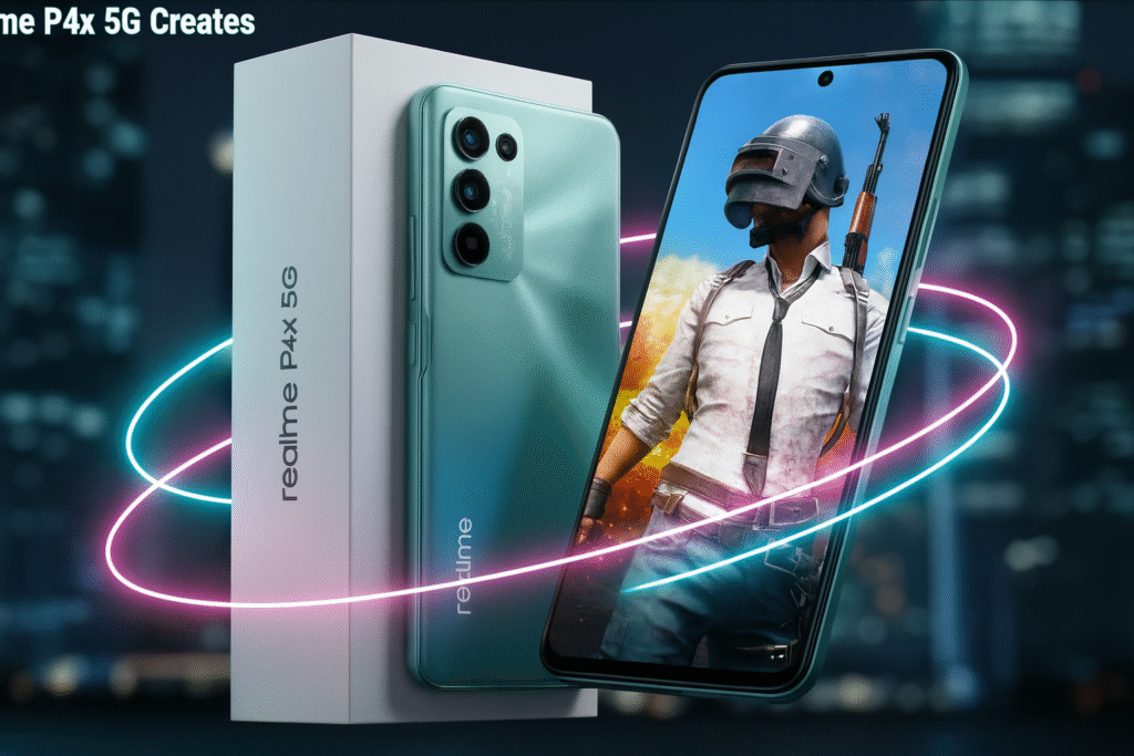 Realme P4x 5G smartphone front screen showing BGMI fight scene in HD quality with premium design and vibrant display.