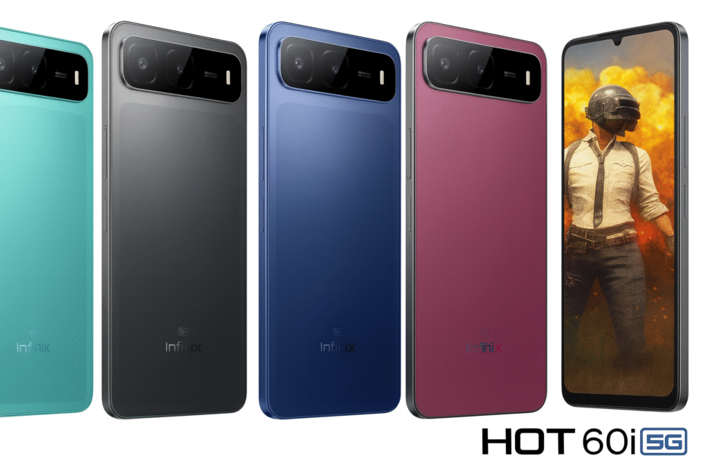 "Infinix HOT 60i 5G स्मार्टफोन का हाई-रेज़ोल्यूशन प्रोमो इमेज, जिसमें इसका कैमरा मॉड्यूल, डिस्प्ले और स्टाइलिश डिजाइन दिख रहा है।"