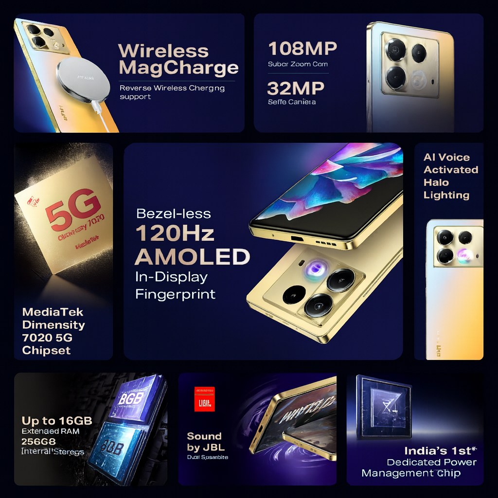 "Infinix Note 40 5G smartphone features poster showing 120Hz AMOLED display, 108MP camera, Wireless MagCharge, MediaTek Dimensity 7020 chipset, up to 16GB RAM, JBL sound and AI Halo lighting in HD quality."