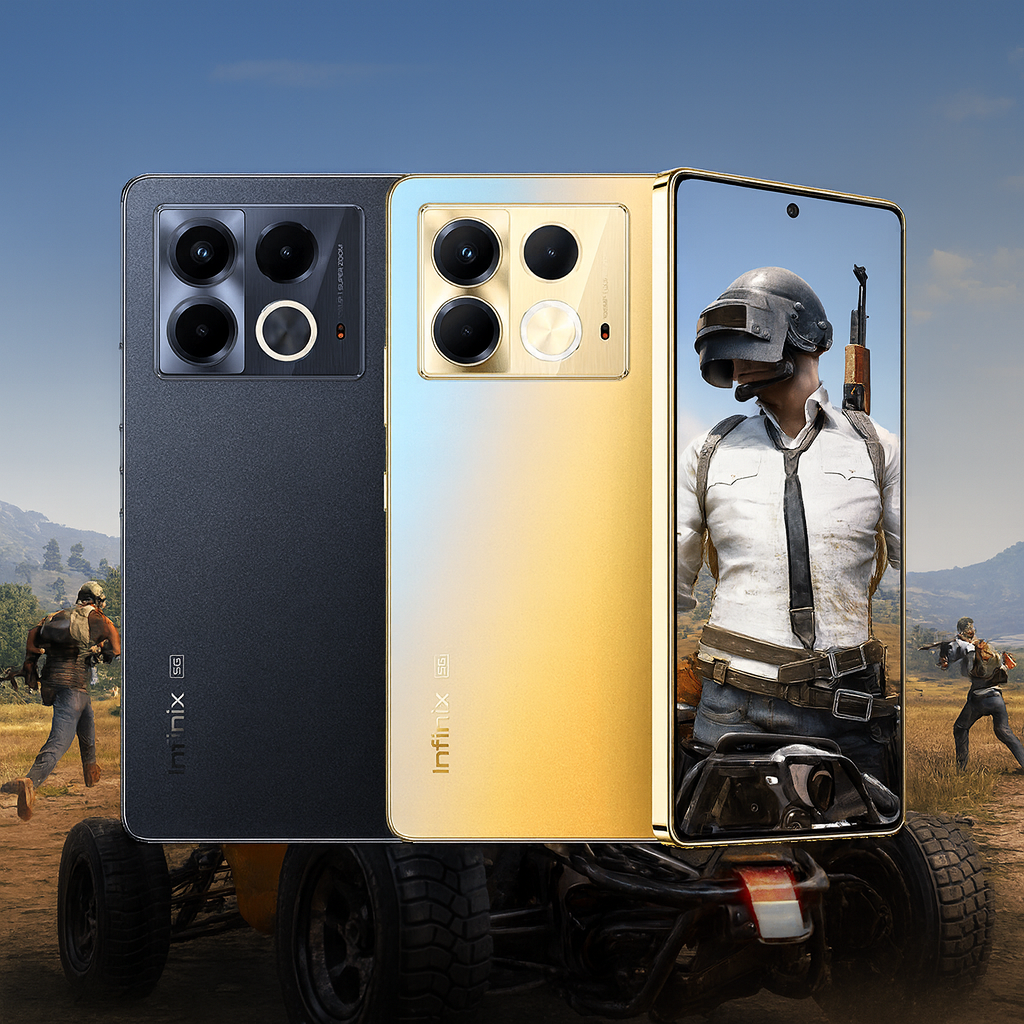 "Infinix Note 40 5G smartphone trio with the front screen showing a BGMI fight scene in HD quality, highlighting the phone’s gaming performance, camera design, and premium gradient back finish."