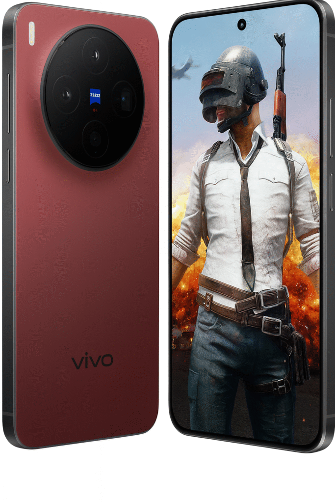 “Vivo X300 Series smartphone in red color showing Zeiss circular camera module on the back and a BGMI/PUBG character displayed on the front screen in high-quality.”