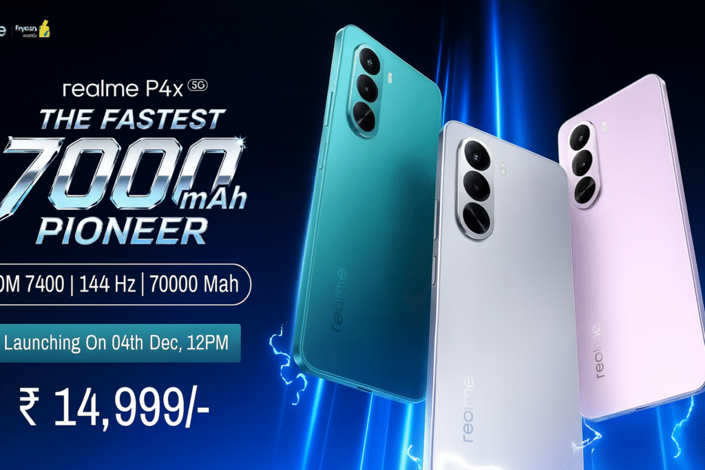 यह प्रमोशनल इमेज Realme P4x 5G स्मार्टफोन के लॉन्च को दर्शाती है। बाईं ओर बड़े और चमकदार टेक्स्ट में ‘THE FASTEST 7000mAh PIONEER’ लिखा है, जो इसकी 7000mAh बैटरी की पावर को हाइलाइट करता है। इसके ठीक नीचे DM 7400 प्रोसेसर, 144Hz डिस्प्ले और 7000mAh बैटरी की प्रमुख स्पेसिफिकेशन दिखाई गई हैं।
पोस्टर के दाईं ओर Realme P4x 5G के तीन मॉडल अलग-अलग रंगों—टील, सिल्वर और पिंक—में दिखाए गए हैं, जिनमें ट्रिपल-कैमरा सेटअप आकर्षक रूप से नज़र आता है। नीचे की ओर ‘Launching on 04th Dec, 12PM’ का लॉन्च टाइम और ₹14,999 की कीमत स्पष्ट रूप से दी गई है। पूरी इमेज में डार्क ब्लू बैकग्राउंड और इलेक्ट्रिक लाइट इफेक्ट्स इसे एक हाई-टेक और प्रीमियम लुक देते हैं।