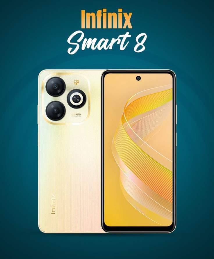Infinix SMART 8 HD Golden Color स्मार्टफोन, रियर पैनल और फ्रंट स्क्रीन दिखाते हुए